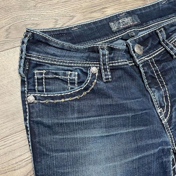 5/$20 Silver Suki Flap Bootcut Flare Jeans Womens 30x32 Mid Rise Rhinestones - Picture 4 of 13